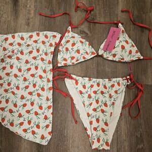 Betsey Johnson Strawberry Charm Bikini With Sarong Size XL